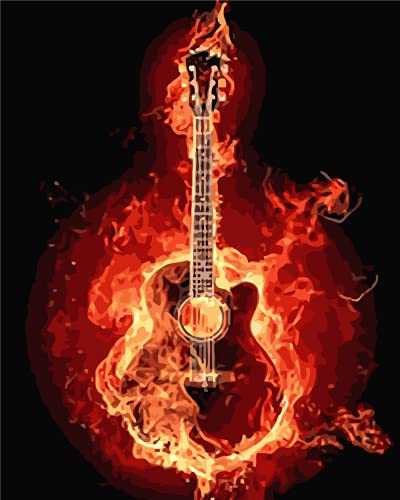 Malen nach Zahlen-Kits, Amiiba Fire Guitar Music 40,6 x 50,8 cm, Acrylgemälde nach Zahlen, Wandkunst (Gitarre, mit Rahmen) von Amiiba