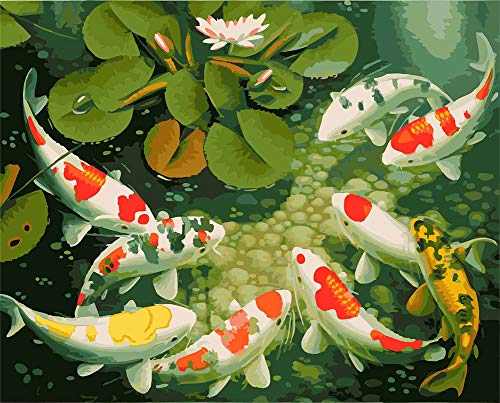 Amiiba Malen-nach-Zahlen-Set zum Selbermachen, Koi, Karpfen, Lotusteich, 40,6 x 50,8 cm, Acryl, Malen nach Zahlen, Wandkunst (Karpfen, mit Rahmen) von Amiiba