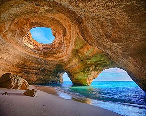 Malen nach Zahlen Kits Amiiba Portugal Algarve Höhle Blauer Himmel Wolken Meer Landschaft 40,6 x 50,8 cm Acryl Malen nach Zahlen Wandkunst Handwerk Höhle mit Rahmen von Amiiba