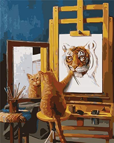 Malen nach Zahlen für Erwachsene und Kinder, Amiiba Zeichnen Tiger mit Katze als Modell, DIY-Kits, 40,6 x 50,8 cm, Acryl-Malerei nach Zahlen, Wandkunst mit Rahmen von Amiiba