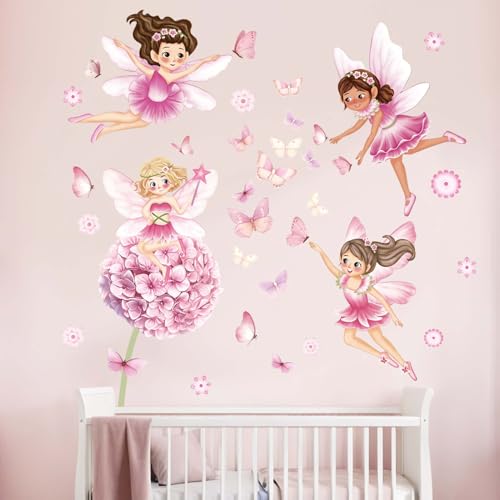 Amimagen Fairy Girl Flower Wall Stickers - Pink Dandelion Floral Butterfly Wall Decals - Mädchen Schlafzimmer Kinderzimmer Kindertagesstätte Spielzimmer Klassenzimmer Wall Decor von Amimagen