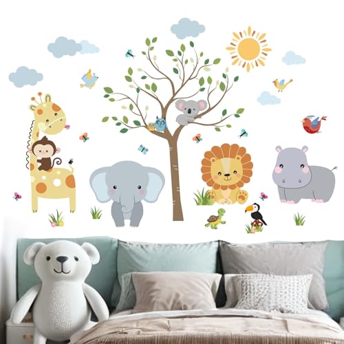 Amimagen Wandtattoos Dschungel Baby Tiere Wandabziehbilder - Elefant Löwe Giraffe Nilpferd Koala Wandaufkleber - Kinderzimmer Kinder Mädchen Zimmer Kindertagesstätte Spielzimmer Klassenzimmer Wanddeko von Amimagen