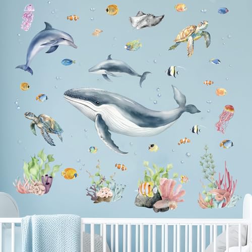 Amimagen Wandtattoos Unter dem Meer Wandaufkleber - Marine Thema Hai Wal Fisch Seetang Gras Ozean Wandabziehbilder - Badezimmer Baby Kinderzimmer Kindertagesstätte Wanddeko von Amimagen