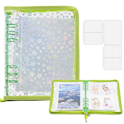 A5 Sticker-Sammelordner mit Reißverschluss, wiederverwendbares Sticker-Organizer-Album mit Taschen, perfekt zum Sammeln, Organisieren und Präsentieren von Stickern (Stern-Grün) von Amimy