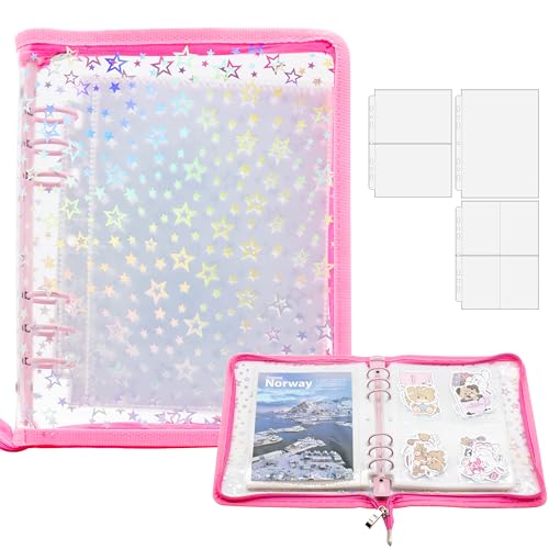 A5 Sticker-Sammelordner mit Reißverschluss, wiederverwendbares Sticker-Organizer-Album mit Taschen, perfekt zum Sammeln, Organisieren und Präsentieren von Stickern (Stern-Rosa) von Amimy