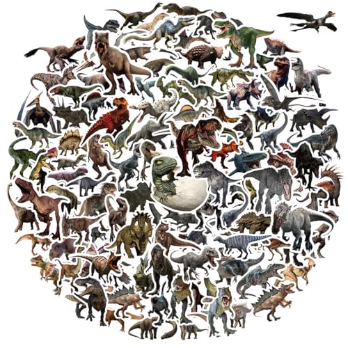 100 Stück Dinosaurier Sticker – PVC-Aufkleber mit mattierter, wasserfester Folie (ca. 6 cm) – T-Rex, Velociraptor, Stegosaurus & mehr – Für Kinder, Wasserflaschen, Notizbücher, Laptops & Geschenke von Amitorfo