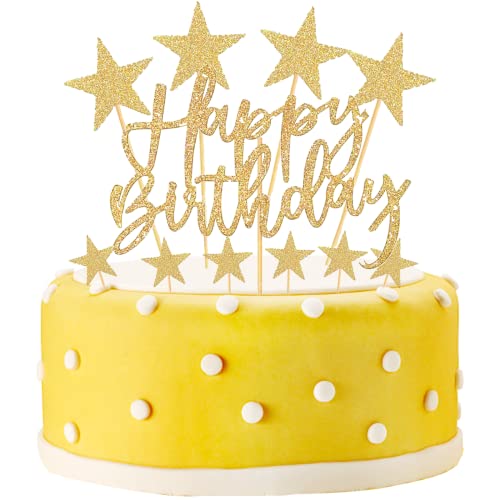 22 Stück Happy Birthday Kuchen Deko, Glitzer Cake Topper, Sterne Cupcake Decorating für Geburtstagsfeiern, Babypartys, Hochzeitsfeiern (Yellow) von AmkWood