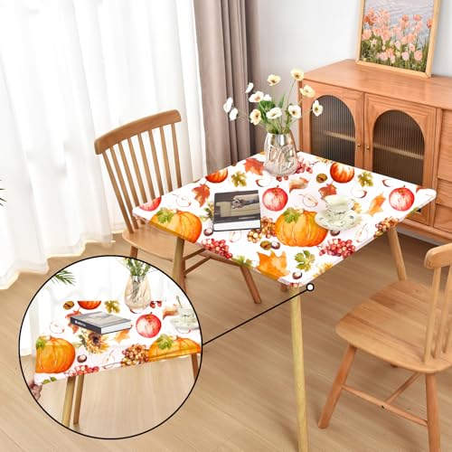 Amonsa Thanksgiving-Tischdecke mit Gummizug: waschbar, für den Außenbereich, Spandex, für Urlaub, Kürbis und Obst, 86,4 x 86,4 cm, quadratisch von Amonsa