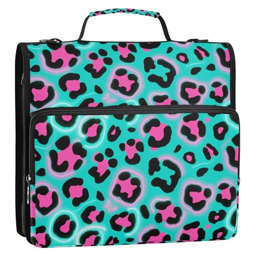 3-Ring-Ordner mit Reißverschluss, Griff und abnehmbarem Schultergurt, 3,8 cm, Leopardenmuster, pink-grün, Dokumenten-Organizer-Tasche für Büro, Schule, Clip de Cremallera escolar von Amooorous
