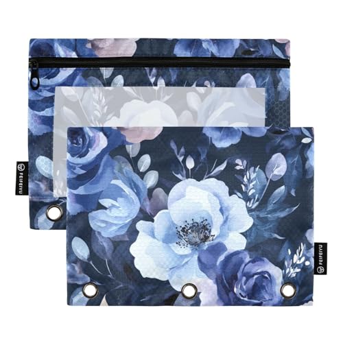 3 Ringe Bleistiftbeutel für Putz mit klarem Fenster Blumenmuster Marineblau Pünktchen Federmäppchen transparente Fenster und Ösen Ordner 3 Ringe für Büro Schulbedarf Kosmetik mehrfarbig 2 Stück von Amooorous