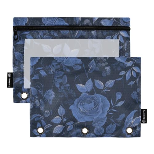 Aktentaschen 3 Ringe mit klarem Fenster Marineblau romantische Rosen für Valentinstag Farbe Stifttasche groß und robust Zoll Ordner 3 Ringe für Bürobedarf mehrfarbig 2 Stück von Amooorous