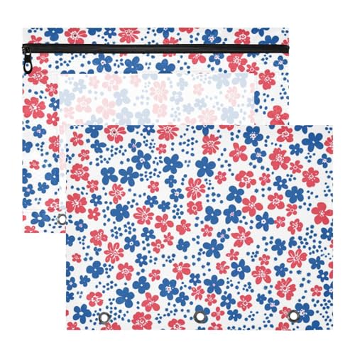 Binder-Bleistiftetui, 3 Löcher, Kunststoff, Ordner für 3 Ringe, 2 Stück, Lehrer, Schulbedarf, Rot und Blau, Blumenmuster von Amooorous