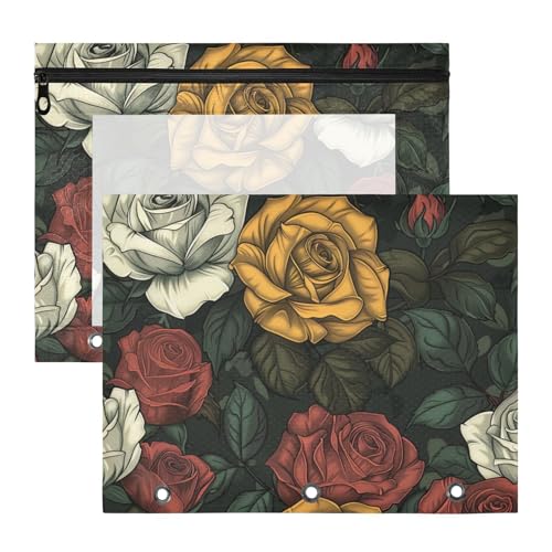 Binder-Bleistiftetui, 3 Löcher, Kunststoff-Aktenordner für 3 Ringe, 2 Stück, Lehrer, College, Zubehör, rot, gelb, weiße Rosen Binder-Bleistiftetui, 3 Löcher, Kunststoff-Aktenordner für 3 Ringe, 2 Stück, Lehrer, College, Zubehör, rot, gelb, weiße Rosen von Amooorous
