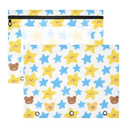 Binder-Bleistiftetui, Klarsichtfenster, 3 Löcher, Tasche für A4-Papier, Briefe, 2 Stück, für Schüler, Studenten, Lehrerbedarf, Cantoon, Blau, Gelb, Sterne, niedliche Bären von Amooorous