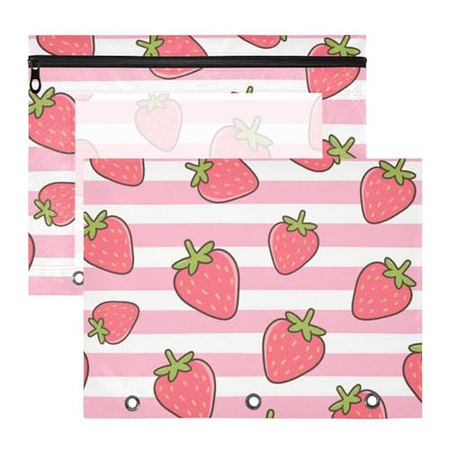 Binder-Bleistiftetui, Klarsichtfenster, 3-fach Locher, für A4-Papier, Briefe, 2 Stück, Studenten, Klasse, Rosa, Weiß, gestreift, Obst, Erdbeere von Amooorous