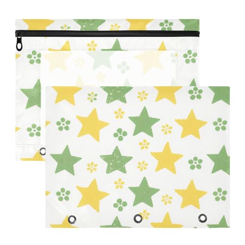 Binder-Bleistiftetui, stabil, 3-fach Locher, für A4-Papier, Briefe, 2 Stück, Lehrer, College, Zubehör, Grün, Gelb, Sterne, Bleistiftzeichnung von Amooorous
