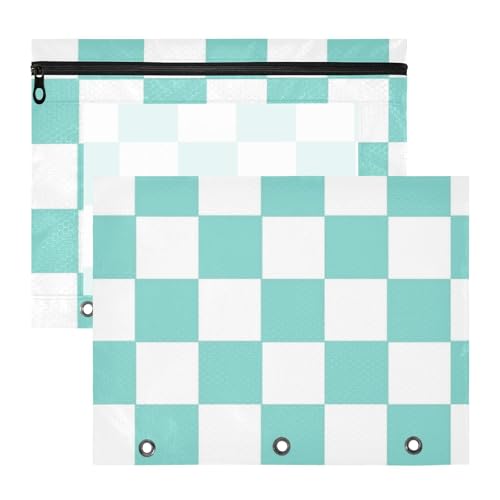 Binder-Federmäppchen, 3 Löcher, 3 Löcher, Tasche für A4-Papier, Briefe, 2 Stück, Lehrer, Büro, Grün und Weiß, amerikanisches Karomuster von Amooorous
