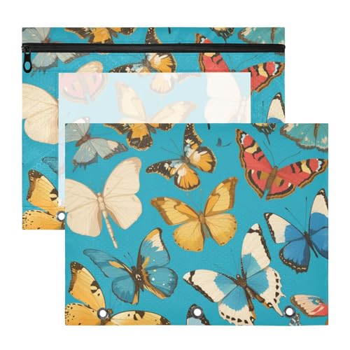 Binder-Federmäppchen, 3 Löcher, Aufbewahrungstasche für 3 Ringe, 2 Stück, Lehrer, Kunstbedarf, Aufbewahrung, bunte Schmetterlinge, blaugrüner Hintergrund von Amooorous