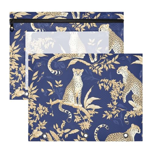 Binder-Federmäppchen, tragbar, 3-fach Locher, für A4-Papier, Briefe, 2 Stück, Studenten, Kunstbedarf, Aufbewahrung, blaue und goldene Leopardenblätter von Amooorous