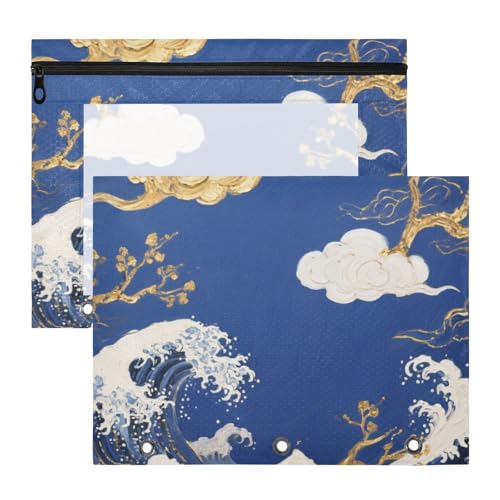Binder-Federmäppchen mit Reißverschluss, 3 Locher für 3 Ringe, 2 Stück, Lehrerklasse, blaue und goldene Wellen und Wolken Binder-Federmäppchen mit Reißverschluss, 3 Locher für 3 Ringe, 2 Stück, Lehrerklasse, blaue und goldene Wellen und Wolken von Amooorous