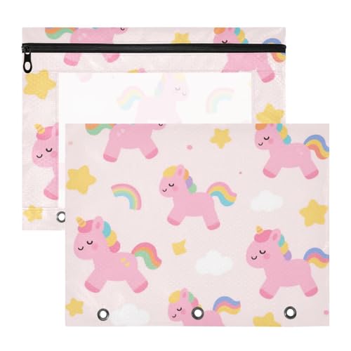 Binder-Federmäppchen mit glatten Reißverschlüssen, 3-fach Locher, für A4-Papier, Briefe, 2 Stück, Studenten, Klassenzimmer, niedliches Cartoon-Design, rosa Regenbogen-Einhörner von Amooorous
