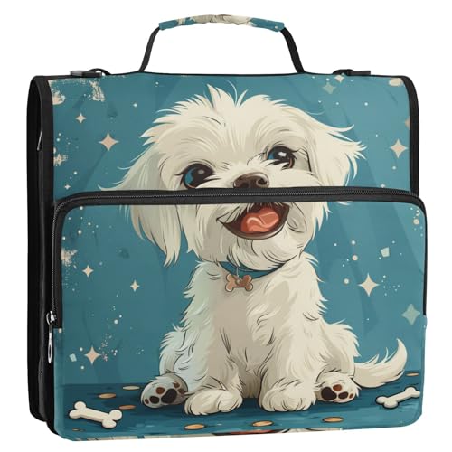 Bindertasche mit süßem weißem Hund, 3 Ringe, 3,8 cm, Reißverschluss, mit Griff, mehrere Taschen, Schulordner, Organizer für Mittelschule, Bolsa de Cremallera von Amooorous