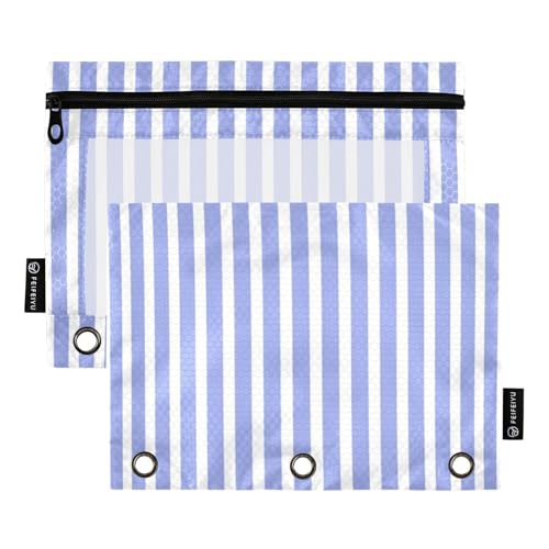 Bindertaschen, 3 Ringe mit Reißverschluss und transparentem Fenster, blaue und weiße Streifen, weiches Federmäppchen, große Kapazität, 3-fach gelocht, Ordner für Büro, Schulbedarf, Kosmetik von Amooorous