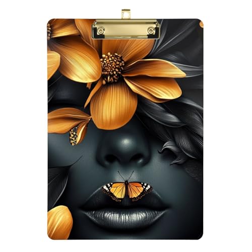 Black Beauty Golden Flowers Klemmbrett, A4, Physiotherapie, harter Ordner mit Klemmbrett, wasserdicht, für Fußball, LKW, Fahrer, Tablas para escribir Größe 22,9 x 30,5 cm von Amooorous
