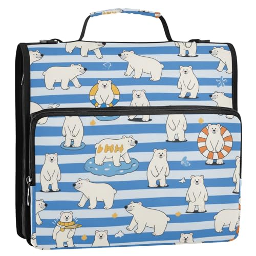 Blau-weiß gestreifter Bär, 3,8 cm, 3 Ringe, Schul-Reißverschluss, Ordner mit Schultergurt und Griff, mehrere Taschen, tragbare Homravel-sichere Aufbewahrungstasche für Schule/Büro, Gestor de Blau-weiß gestreifter Bär, 3,8 cm, 3 Ringe, Schul-Reißverschluss, Ordner mit Schultergurt und Griff, mehrere Taschen, tragbare Homravel-sichere Aufbewahrungstasche für Schule/Büro, Gestor de von Amooorous