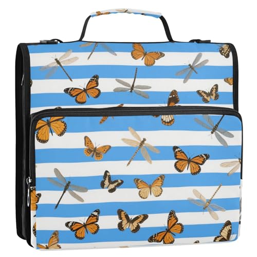 Blau-weiß gestreifter Schmetterling Libelle 3,8 cm 3-Ring-Ordner mit extra Taschen mit Schultergurt, einfach zu tragen, Schulordner, Organizer für Schule/Büro, Organisadores de suministros von Amooorous