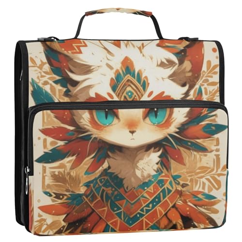 Boho-Katze mit Stammesmustern und Federn, 3 Ringe, 3,8 cm, stabiler Reißverschluss, Ordner mit Griff, leicht zu transportieren, Dokumente, Dateien, Aufbewahrungstasche für Schule, Paquete de gestión von Amooorous