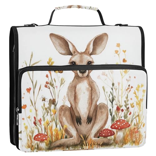 Bolsa de Cartoon-Organizer mit niedlichem Känguru-Motiv, brauner Blumen-Pilz, 3,8 cm, 3 Ringe, Organizer mit Griff und abnehmbarem Schultergurt, mehrere Taschen, Dokumenten-Organizer-Tasche für Schule von Amooorous
