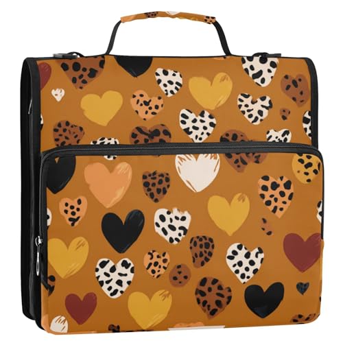 Braunes Leopardenmuster, Herzform, 3 Ringe, 3,8 cm, Reißverschluss, Ordner mit Griff, mehrere Taschen, Dokumenten-Organizer, Tasche für Mittelschüler, Organizadores de Carteras von Amooorous