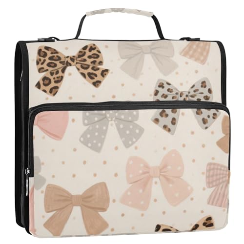 Brownish Grey Leopard Print Bow 3 Rings 3.8 cm Organizer Binder with Shoulder Strap & Handle Easy to Carry Documents Files Storage Bag Suitable for Middle School Clip de Cremallera Resistente von Amooorous