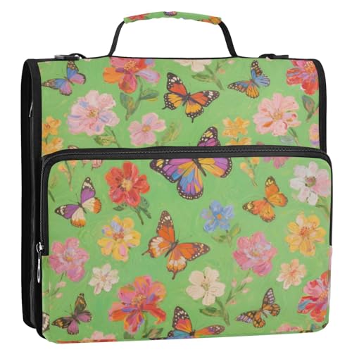 Bunte Blumen und Schmetterlinge, 3 Ringe, 3,8 cm, mit Reißverschluss, mit Schultergurt, inklusive Reißverschlusstasche, Dokumenten-Organizer für Schule, Organizador de la carpeta von Amooorous