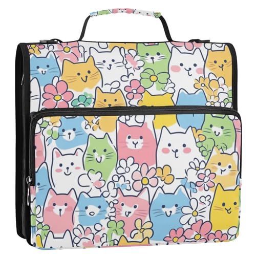 Bunte Cartoon-Katzen-Ordner mit 3 Ringen, 3,8 cm, mit extra Taschen und Schultergurt, mehrere Taschen, Schulbedarf, Organizer für Mittelschule, Encuadernador de Cartera Bunte Cartoon-Katzen-Ordner mit 3 Ringen, 3,8 cm, mit extra Taschen und Schultergurt, mehrere Taschen, Schulbedarf, Organizer für Mittelschule, Encuadernador de Cartera von Amooorous