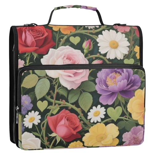 Bunter Rosenblüten, 3 Ringe, Reißverschluss, mit Griff und abnehmbarem Schultergurt, mehrere Taschen, Schulordner, Organizer für Mittelschüler, Clip de Cremallera escolar von Amooorous