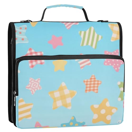 Bunter karierter Sterne, 3 Ringe, 3,8 cm, Büroordner mit Gurt, mehrere Taschen, Dokumentenmappe, Organizer für Schule, Clip de Cremallera Resistente von Amooorous