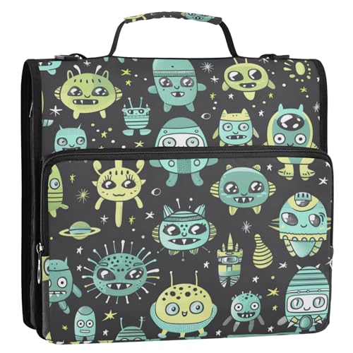 Cartoon Aliens und Raumschiff, 3 Ringe, 3,8 cm, Ordner-Reißverschluss mit Griff, mehrere Taschen, Dokumenten-Organizer, Tasche für Mittelschule, Encuadernador de Cartera von Amooorous