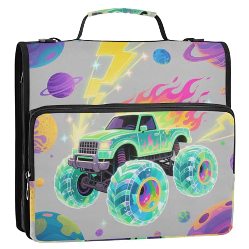 Cartoon Cool Green Truck 3 Ringe 3,8 cm Schule Reißverschluss Ordner mit Griff und abnehmbarem Schultergurt, leicht zu transportieren, Dokumenten-Organizer für Mittelschule, Carpeta con bolsillo Extra von Amooorous