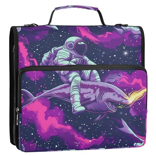 Cartoon Cooler Astronaut Reitender Hai, psychedelische Galaxie, Weltraum, 3 Ringe, 3,8 cm, Büroordner mit Griff, mehrere Taschen, Dokumenten-Organizer, Tasche für Schule und Büro, Carpeta del von Amooorous