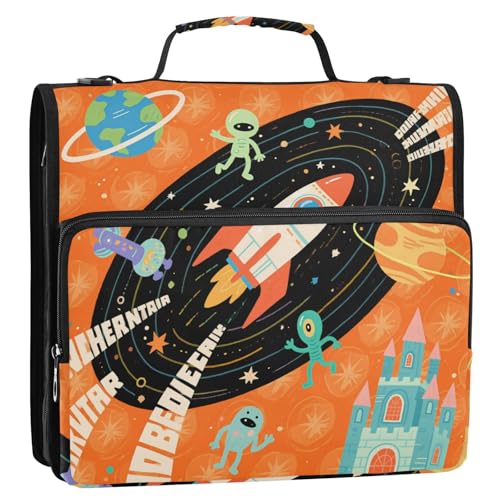 Cartoon Cute Orange Raumschiff Planet 3,8 cm 3-Ringe Ordner mit Reißverschluss mit Griff und abnehmbarem Schultergurt Laege Kapazität Schulbedarf Organizer für Schule/Büro Gestor de documentos von Amooorous