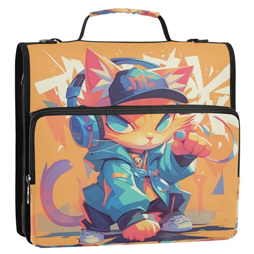 Cartoon-Katzen-Graffiti-Stil, bunt, Hip-Pop, 3 Ringe, 3,8 cm, Ordner-Organizer mit Griff und abnehmbarem Schultergurt, Kapazität für Schule/Büro, Carpeta con von Amooorous