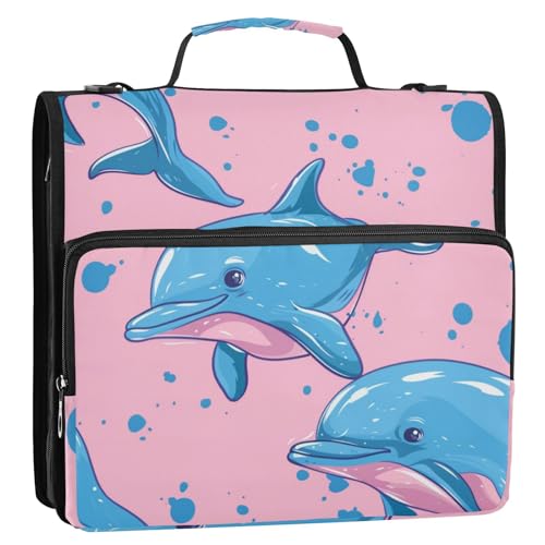 Cartoon-Motiv mit süßem blauem Delfin, 3 Ringe, 3,8 cm, Ordner-Reißverschluss mit Griff, einfach zu tragen, Schulbedarf, Organizer für Schule, Carpeta con cremallera von Amooorous