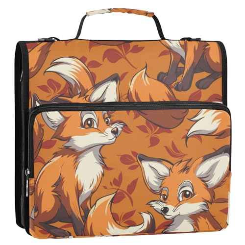 Cartoon Orange Fox 3 Ringe Schule Reißverschluss Ordner mit Gurt Mehrere Taschen Tragbare Homravel Sichere Aufbewahrungstasche für Mittelschüler Bolsa de almacenamiento de archivos von Amooorous