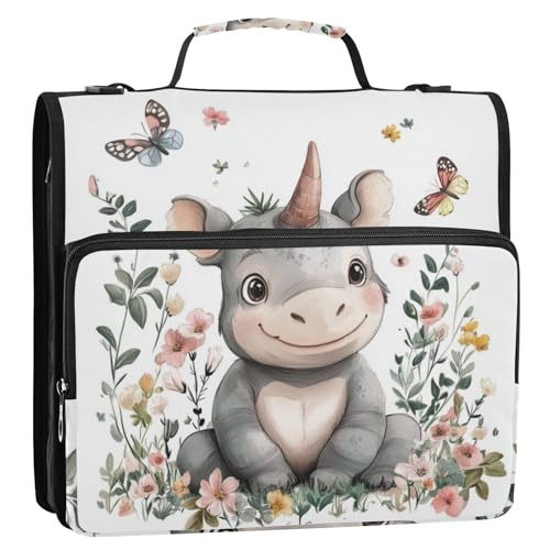 Cartoon-Ordner mit niedlichem Nashorn, Blume, Schmetterling, 3,8 cm, 3 Ringe, Reißverschluss, mit Schultergurt, inklusive Reißverschlusstasche, Dokumenten-Organizer-Tasche für Büro, Schule, Carpeta de von Amooorous