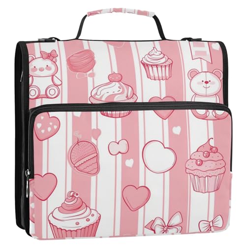 Cartoon Pink Bear Dessert Shop 3,8 cm 3-Ringe Reißverschluss Ordner mit Schultergurt, wasserdicht, mit Reißverschluss, geeignet für Mittelschule, Bolsa de almacenamiento de archivos von Amooorous