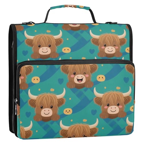 Catone Lovely Brown Scottish Highland Bull 3 Ringe Ordner mit Reißverschluss mit Griff, wasserdicht, tragbar, Homravel sichere Aufbewahrungstasche für Mittelschüler, Carpeta del organizador von Amooorous