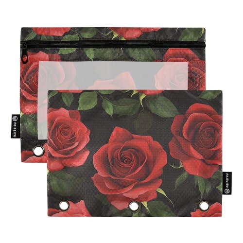 Deckel 3 Ringe mit klarem Fenster romantische rote Rosen für Valentinstag Federmäppchen mit Reißverschluss große Kapazität Taschen 3 Löcher für Klassenzimmer Schule Bürobedarf mehrfarbig 2 Stück von Amooorous