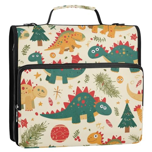 Dino Christmas Ringbuch mit 3 Ringen, Reißverschluss, mit Schultergurt und Griff, mehrere Taschen, tragbar, für Zuhause, Reisen, sichere Aufbewahrungstasche für Schule und Büro, Carpeta con cremallera von Amooorous